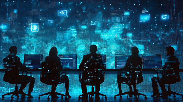 Group of business people working with technology at a meeting in a conference room