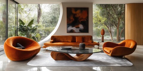 Interior design with Orange Velvet Seating Arrangement and Sculptural Coffee Table