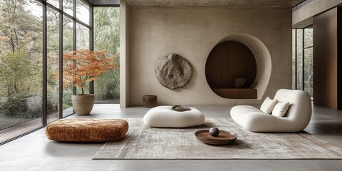 Contemporary Living Room Interior with Japanese Maple Tree and Modern Furnishings