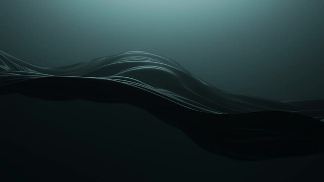 Calm dark 3D wave animation loop. Minimal abstract background in obsidian black with soft lighting.