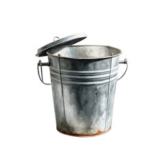 Rustic galvanized steel trash bin with removable lid and metal handles, weathered look, empty, isolated on transparent background