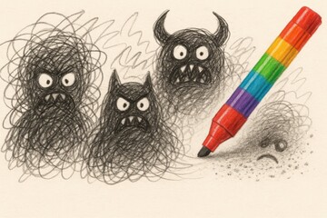 Creative erasure of scribbled monsters with rainbow crayon for children's art project