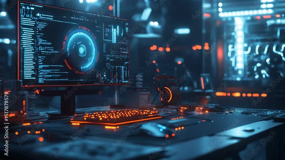 Fototapete Immersive Cyberpunk Workspace with Advanced Tech and Coding Interface Displayed on Monitor