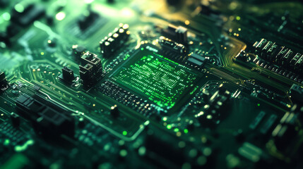 Fototapeta premium Close-up view of a complex green circuit board showcasing intricate components and pathways under soft lighting