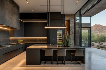Modern kitchen with dark cabinetry, island seating, integrated appliances, and desert views through expansive glass doors