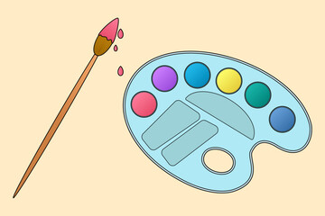 Paintbrush with dripping paint and artist palette with vibrant colors on beige background. For back to school stationery, school art supplies concept, education and educational theme, classroom decor.