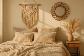 Boho chic bedroom with neutral tones and cozy vibes for home decor inspiration