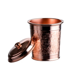 Ornate vintage copper trash bin with embossed patterns and removable lid, polished and empty, isolated on transparent background