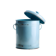 Pastel blue vintage enamel-coated metal trash bin with hinged lid, chipped paint, empty, isolated on transparent background