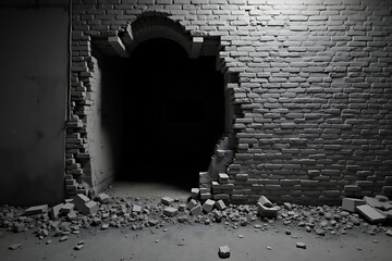 Broken brick wall with archway and debris