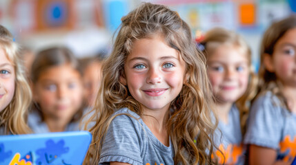 Obraz premium Young girl with curly hair smiling in a classroom surrounded by classmates and colorful decor