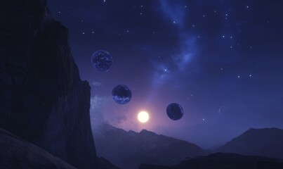 Naklejka premium Purple Planets and Milky Way Over Dark Mountain Landscape at Sunset