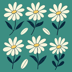 Daisies with leaves on a teal background arranged in a pattern showing floral elements and simple design