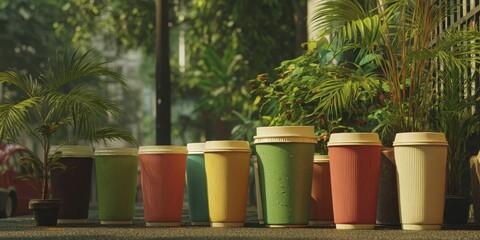 Fototapeta premium Colorful Beverage Cups Arranged on Sidewalk in Urban Greenery Scene