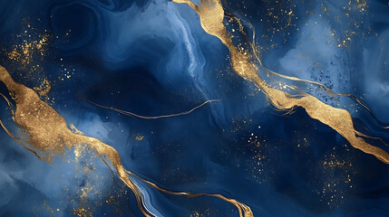 Abstract watercolor painting of fluid navy blue and gold ink flowing to create a luxurious background design