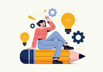 Female Brainstorming Vector — Creative Ideas Flat Vector Art