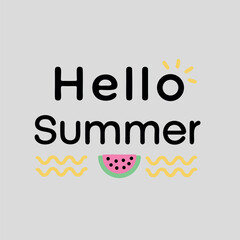 Playful summer illustration featuring hello summer text with watermelon and sun elements