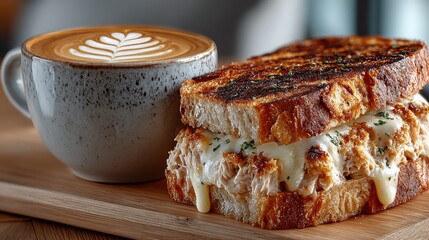 Gourmet Tuna Melt Sandwich with Melted Cheese and Latte Art Coffee on Wooden Board for Restaurant Menu