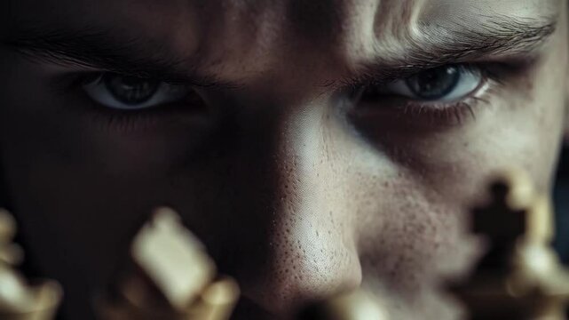 Man focused intensely while playing chess, carefully planning each move to outsmart his opponent.
