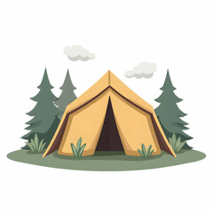 Camping Tent Illustration in Nature with Trees and Clouds