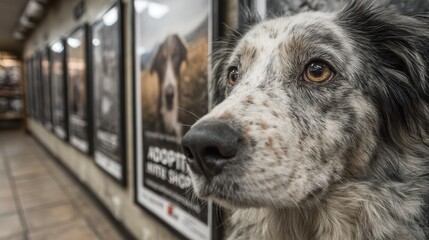 Close-up Portrait of a Border Collie Dog Near Adoption Posters in a Shelter, Animal Welfare, Pet Rescue, Waiting for a New Home