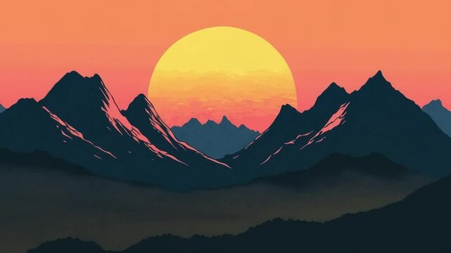 The illustration shows a majestic mountain towering above a dense, green, and peaceful forest landscape.
