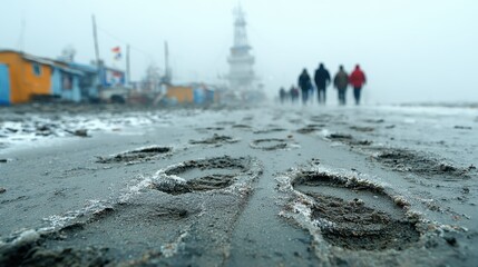 Footprints in the Sand on a Foggy Beach with Distant Figures and Buildings, Cold Winter Day, Low Angle View