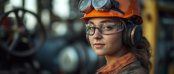 Portrait of a woman wearing safety glasses and helmet working in an industrial environment. Useful for articles and promotional materials related to industrial safety and working professions.