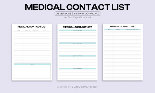 Printable Medical Contact List Template &ndash; Emergency Info Sheet for Health Records
