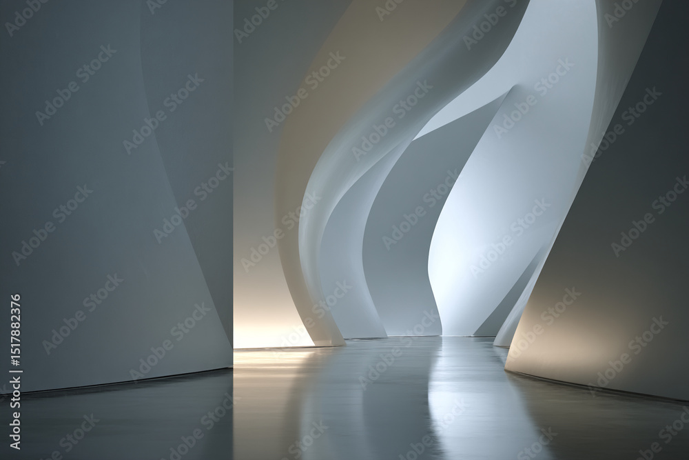 Poster abstract image of flowing, gray-white walls forming a pathway, creating a sense of depth and elegant