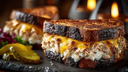 Gourmet Pulled Pork Sandwich with Melted Cheddar Cheese on Dark Rye Bread Served with Pickles and Garnishes