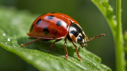 Fototapeta premium Cute Ladybug on a Green Leaf