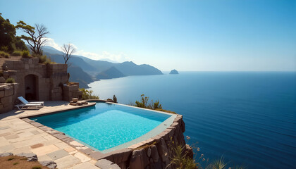 Fototapeta premium Stunning Ocean View From a Cliffside Infinity Pool Under a Clear Blue Sky With Distant Mountains and Calm Waters