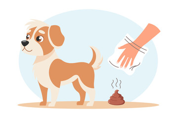 Clean up after your pet. Dog and hygienic bag for dog waste. Pet care, environmental awareness and waste disposal. Illustration.
