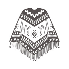 Hand drawn monochrome poncho with fringe and ethnic patterns. National symbol of Mexico. Illustration, sketch.