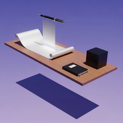Floating desk with fountain pen, paper scroll, notebook, and block in creative scene