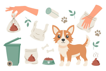 Clean up after your dog concept set. Pet care, environmental awareness and waste disposal. Illustration for social signs, pet products.