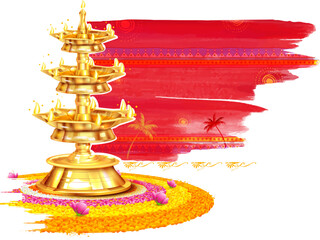 illustration of Happy Onam background with rangoli and lamp