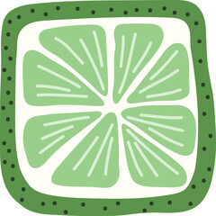 Artistic hand drawn illustration of square lime. Vector drawing of citrus fruit slice with raw juicy pulp isolated on white background. Drawing of summer vitamin dessert for your printing.