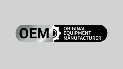 OEM original equipment manufacturer label with gear symbol in silver and black, used for product parts certification and branding	