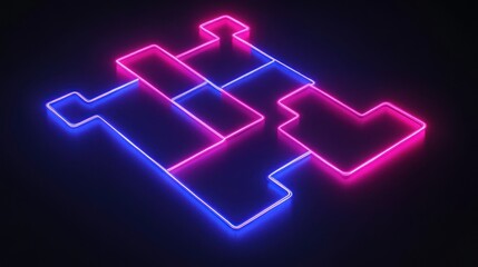 Neon-lit, abstract puzzle-like graphic with pink and blue outlines