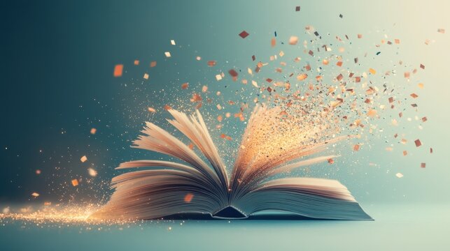 Open book, golden particles fly out