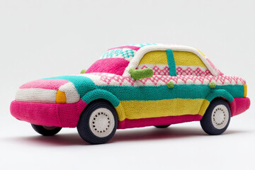 A vibrant knitted car sculpture, a whimsical fusion of textile craft and mechanical marvel, perfect for World Art Day or Yarn Bombing events