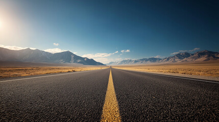 Empty highway, endless road stretching from afar, clear blue sky