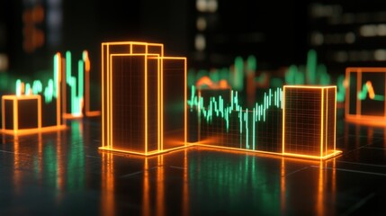 Abstract cityscapes with glowing orange and green structures and financial data