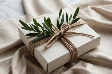 Beige Gift Box with Jute Twine and Greenery on White Marble, Elegant Natural Wrapping