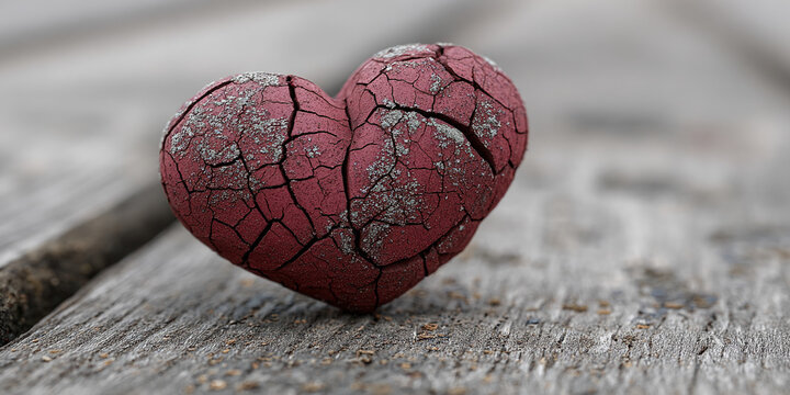 Cracked red heart on rustic wood background, symbolizing heartbreak, loss, or fragility.  Valentine's Day concept