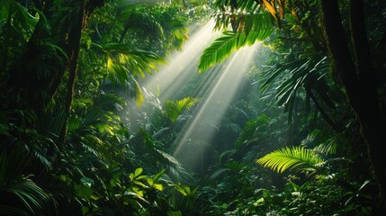 Lush Rainforest Sunlight Beams Through Canopy