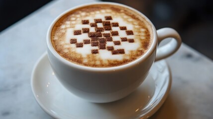 Latte art with pixelated design on a white cup