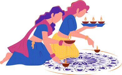 Indian people celebrating on Happy Diwali Hindu Holiday background for light festival of India